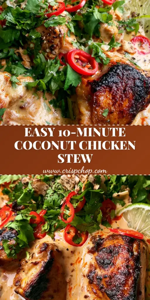 Caribbean Coconut Chicken Stew: A Creamy, One-Pan Tropical Masterpiece 4 A rustic bowl of Caribbean coconut chicken stew featuring seared chicken thighs with charred edges in a pale-orange coconut sauce over white jasmine rice, garnished with red chilies, lime wheels, and cilantro.