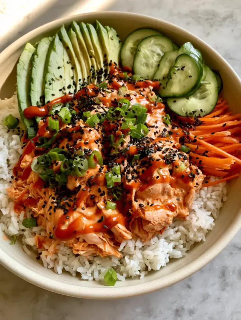 Spicy Tuna Bowl with Sriracha Mayo and Fresh Jasmine Rice 2 A handheld smartphone photo of a vibrant spicy tuna bowl featuring glossy orange tuna and fresh vegetables. (spicy tuna bowl)