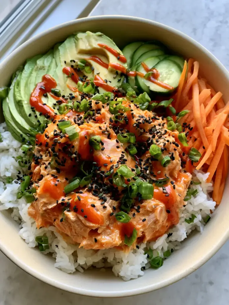 Spicy Tuna Bowl with Sriracha Mayo and Fresh Jasmine Rice 1 Close up of a spicy tuna bowl on a marble countertop with natural daylight highlights. (spicy tuna bowl)
