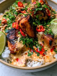 Macro shot of Caribbean coconut chicken stew showing thick creamy sauce with red spice oil droplets and seared golden-brown chicken chunks.