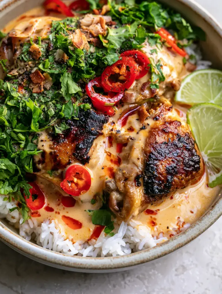 Caribbean Coconut Chicken Stew: A Creamy, One-Pan Tropical Masterpiece 1 Top-down view of Caribbean coconut chicken stew in a ceramic bowl garnished with toasted coconut flakes and sliced red chili peppers.