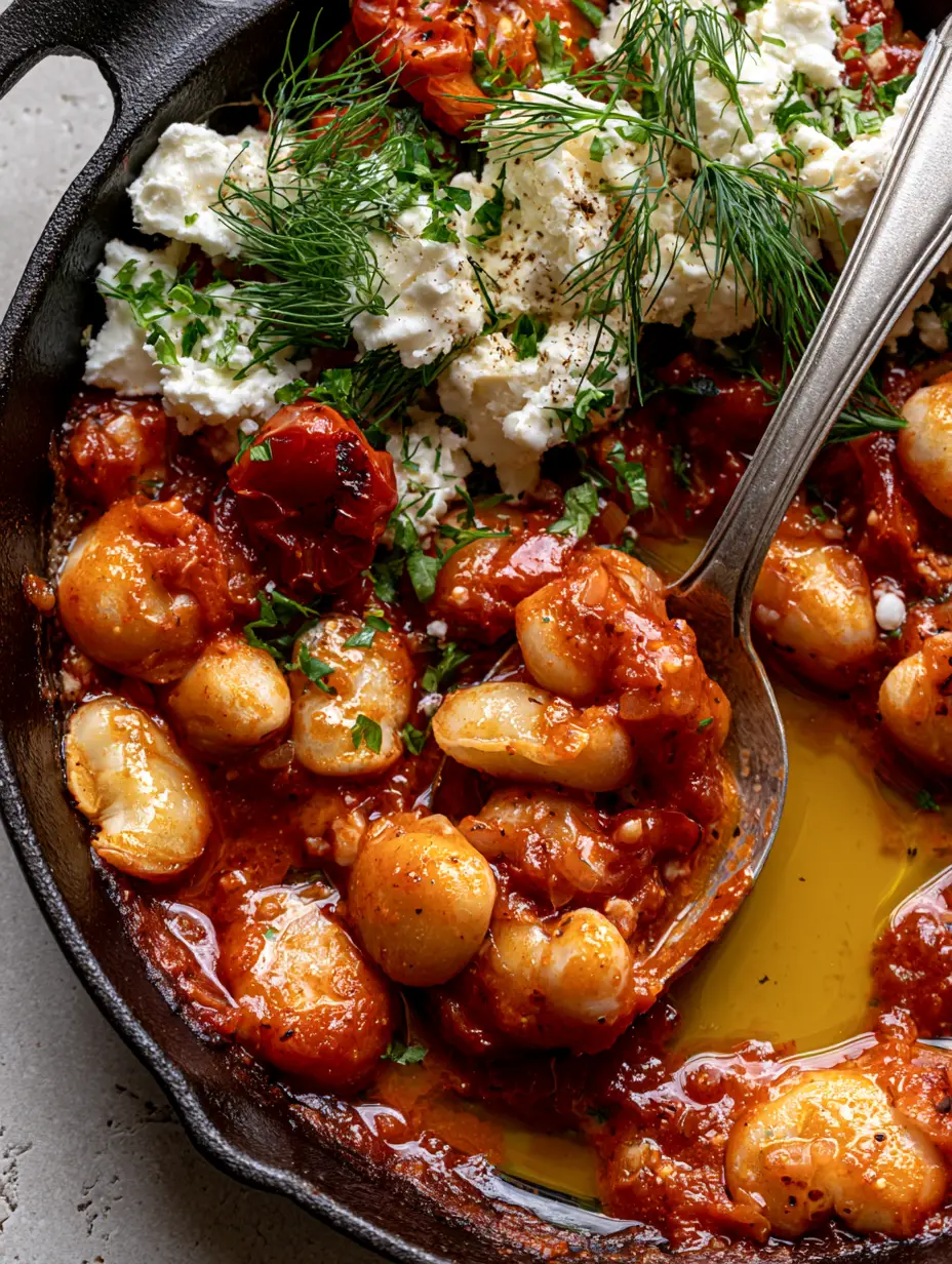 Gigantes Plaki: The Ultimate Greek Giant Beans in Tomato Sauce 3 Top-down view of Gigantes Plaki with pools of olive oil and blistered tomatoes in a cast iron pan. (Gigantes Plaki)