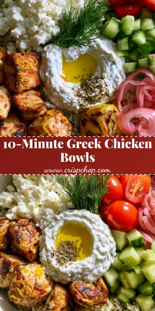 A high-angle shot of a Greek chicken power bowl with charred lemon chicken, feta, and tzatziki. (Greek recipes)