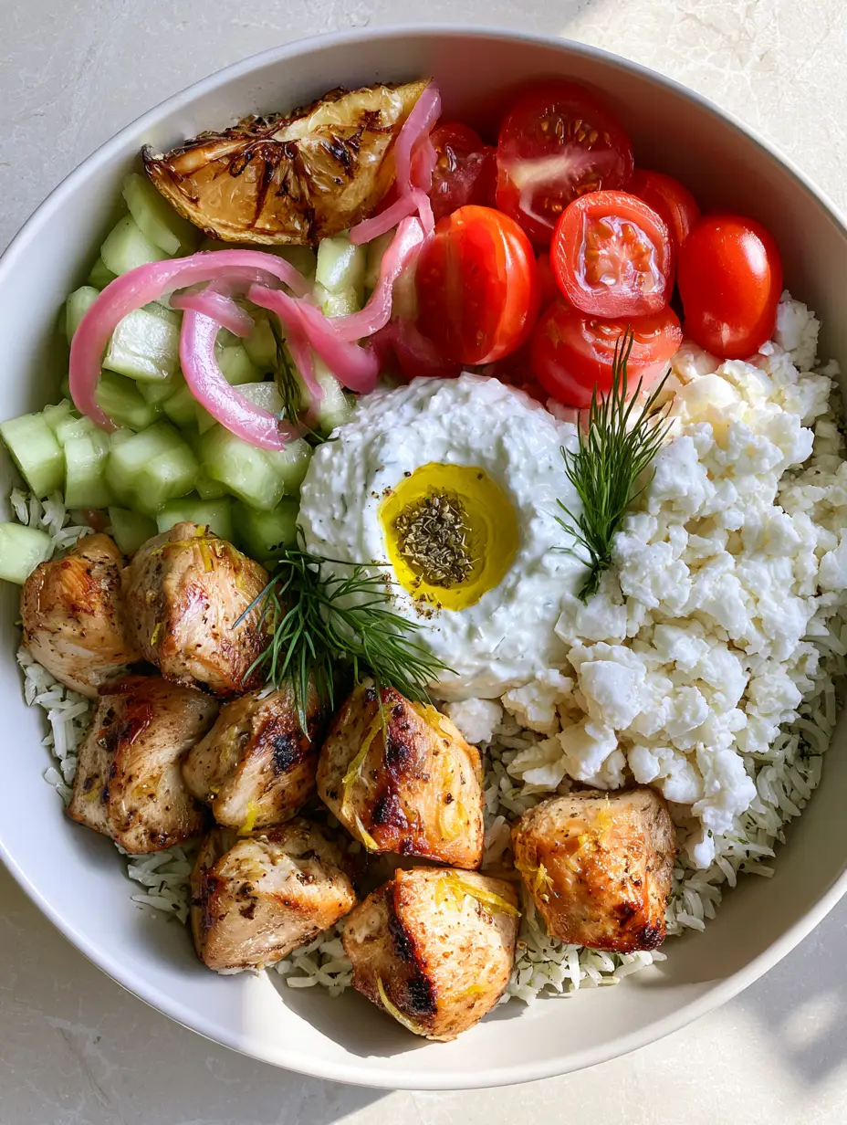 Extreme close-up of charred lemon chicken cubes and crumbled feta in a white bowl. (Greek recipes)