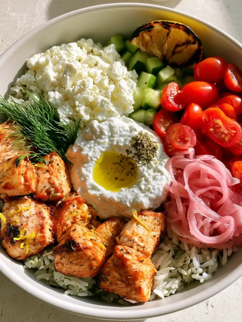 High-angle shot of herb-flecked basmati rice topped with cherry tomatoes and pickled red onions. (Greek recipes)