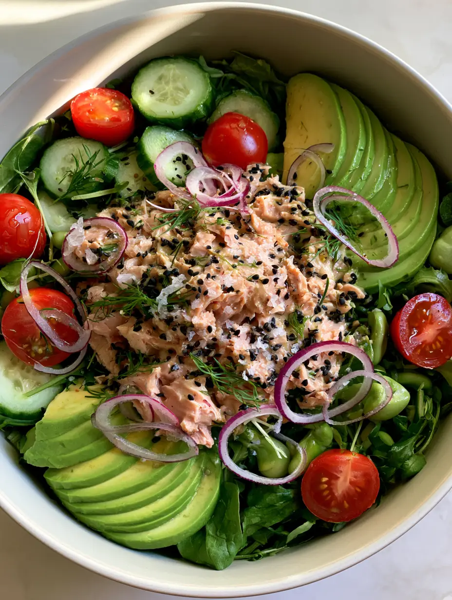Close-up of chunky flaked albacore tuna and thick avocado slices in a tuna avocado bowl with translucent red onions. (tuna avocado bowl)