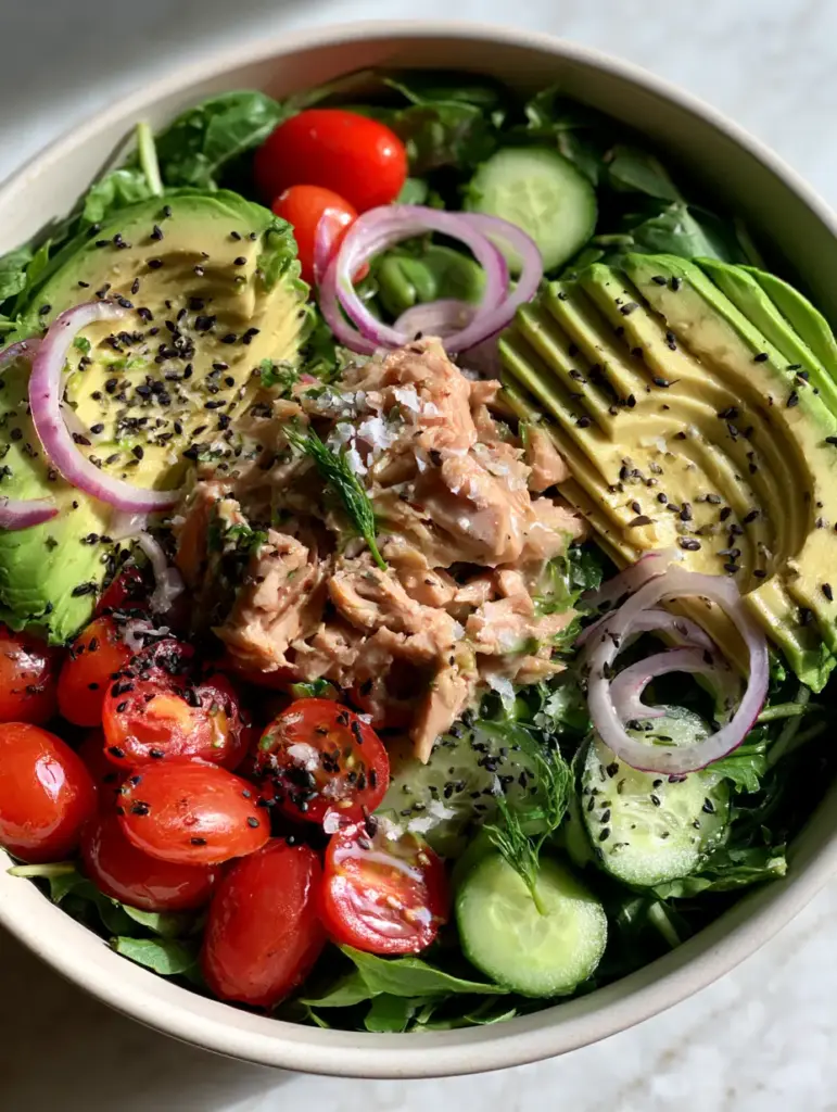 Smartphone photo of a tuna avocado bowl with halved cherry tomatoes and black sesame seeds on a stone countertop.