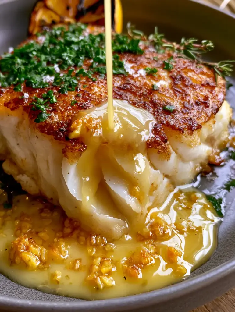 A thick Chilean sea bass fillet on a dark grey plate with a scorched lemon and fresh thyme sprigs.