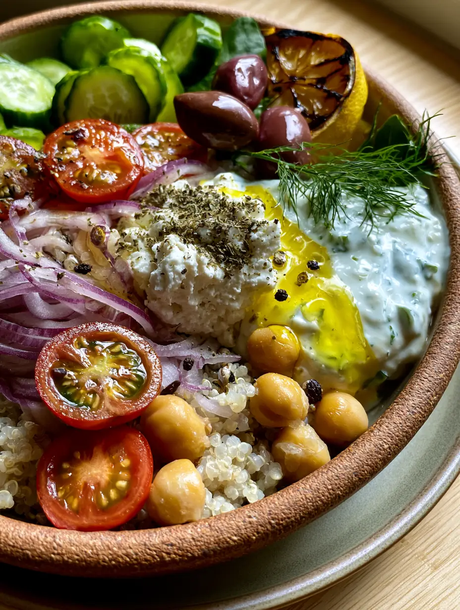 A smartphone photo at a 45-degree angle showing a vibrant Mediterranean bowl with fluffy quinoa, feta, and a dollop of tzatziki. (Greek-inspired recipes)