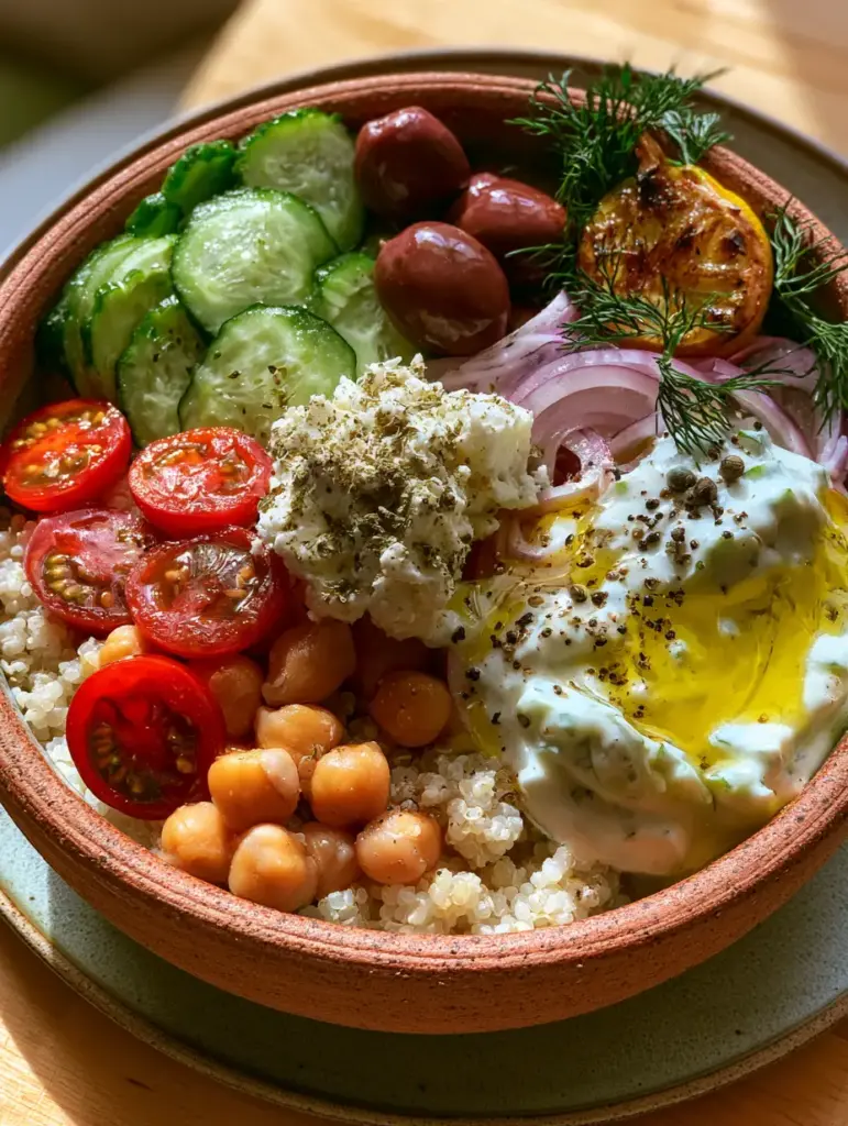 Close-up of a rustic terracotta bowl featuring chunky chickpeas, sliced cucumbers, and a drizzle of golden olive oil.