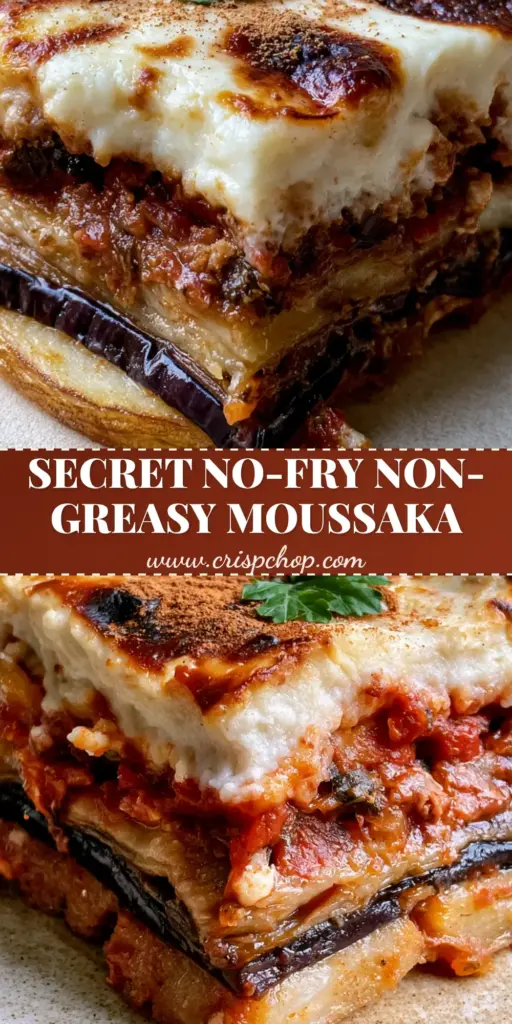 A tall, perfectly layered slice of Greek moussaka showing roasted potato rounds, purple-skinned eggplant, and a 2-inch thick bechamel topping. (Greek moussaka recipe)