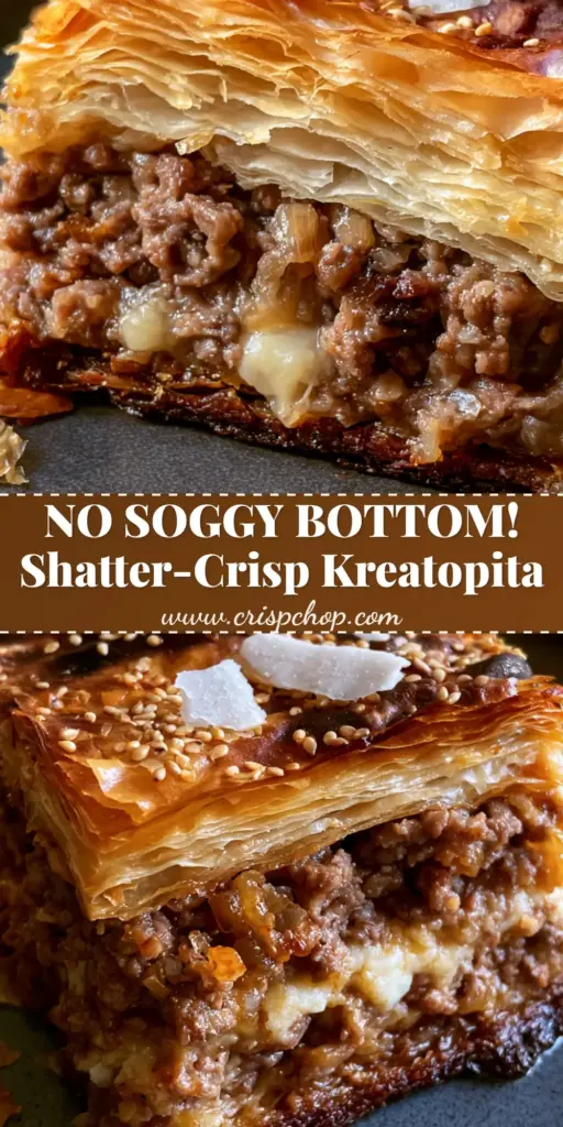 A thick rectangular slice of Greek Kreatopita meat pie with shattering phyllo layers and toasted sesame seeds. (Greek kreatopita recipe)