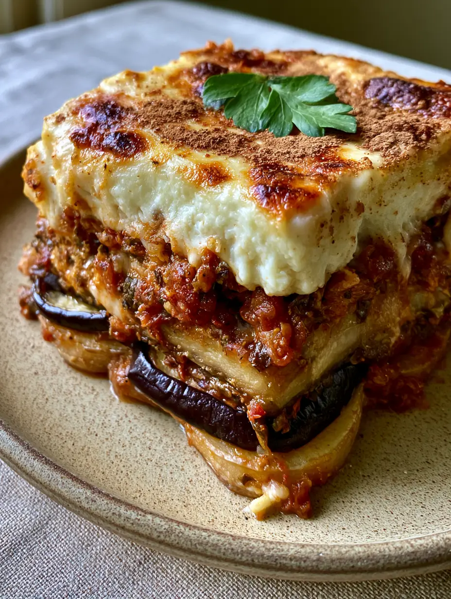 Macro cross-section of Greek moussaka recipe on a rustic ceramic plate showing velvety bechamel with golden scorched cheese spots. (Greek moussaka recipe)