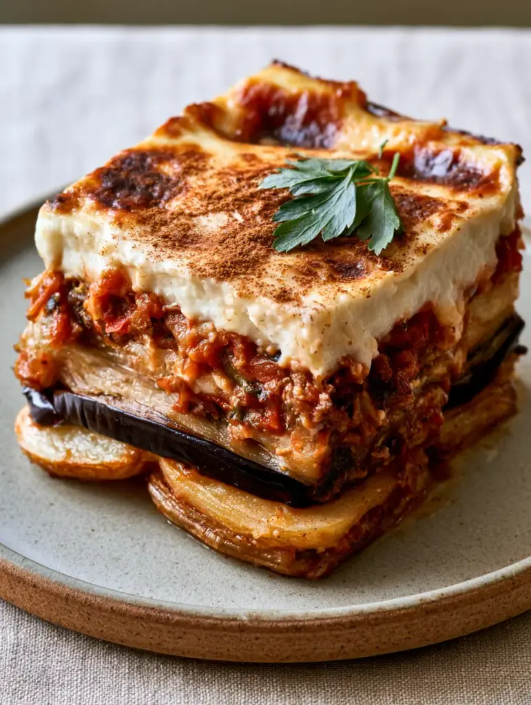 Close-up of the toasted golden-brown cheese crust and a dusting of cinnamon on a Greek moussaka recipe.