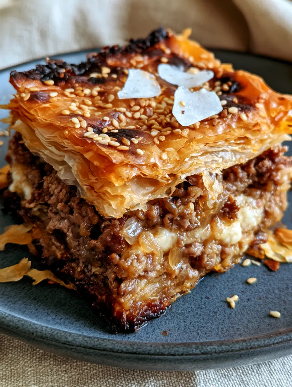 Close-up of golden-brown charred phyllo dough shattering into flakes on a Greek meat pie. (Greek kreatopita recipe)