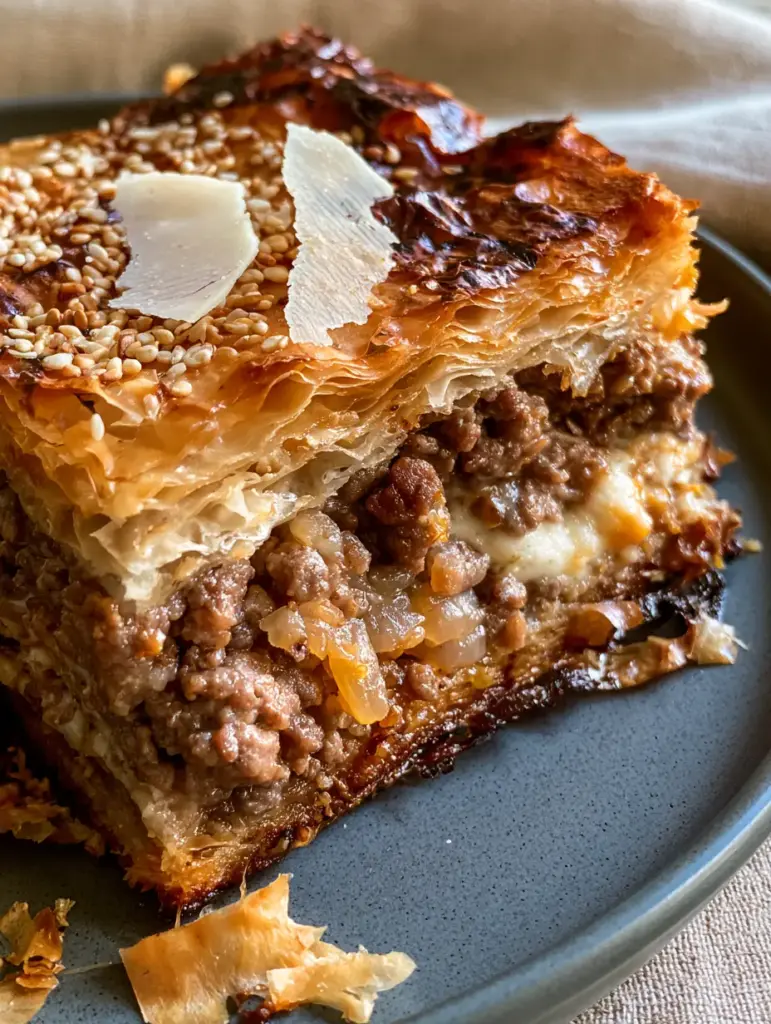 Cross-section of Greek Kreatopita showing moist ground beef filling and white kefalotyri cheese pockets.