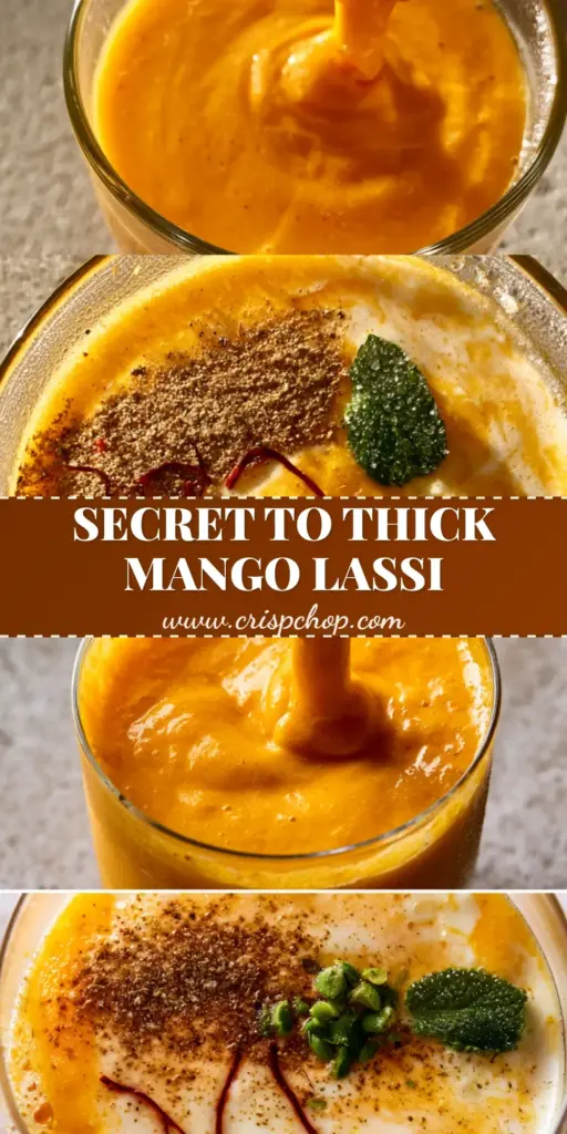 A thick and creamy mango lassi topped with saffron threads, crushed pistachios, and a mint leaf in a heavy glass vessel.