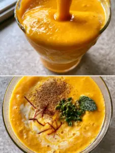 Extreme close-up of a viscous deep-orange mango lassi being poured into a glass showing velvety texture and ripples.