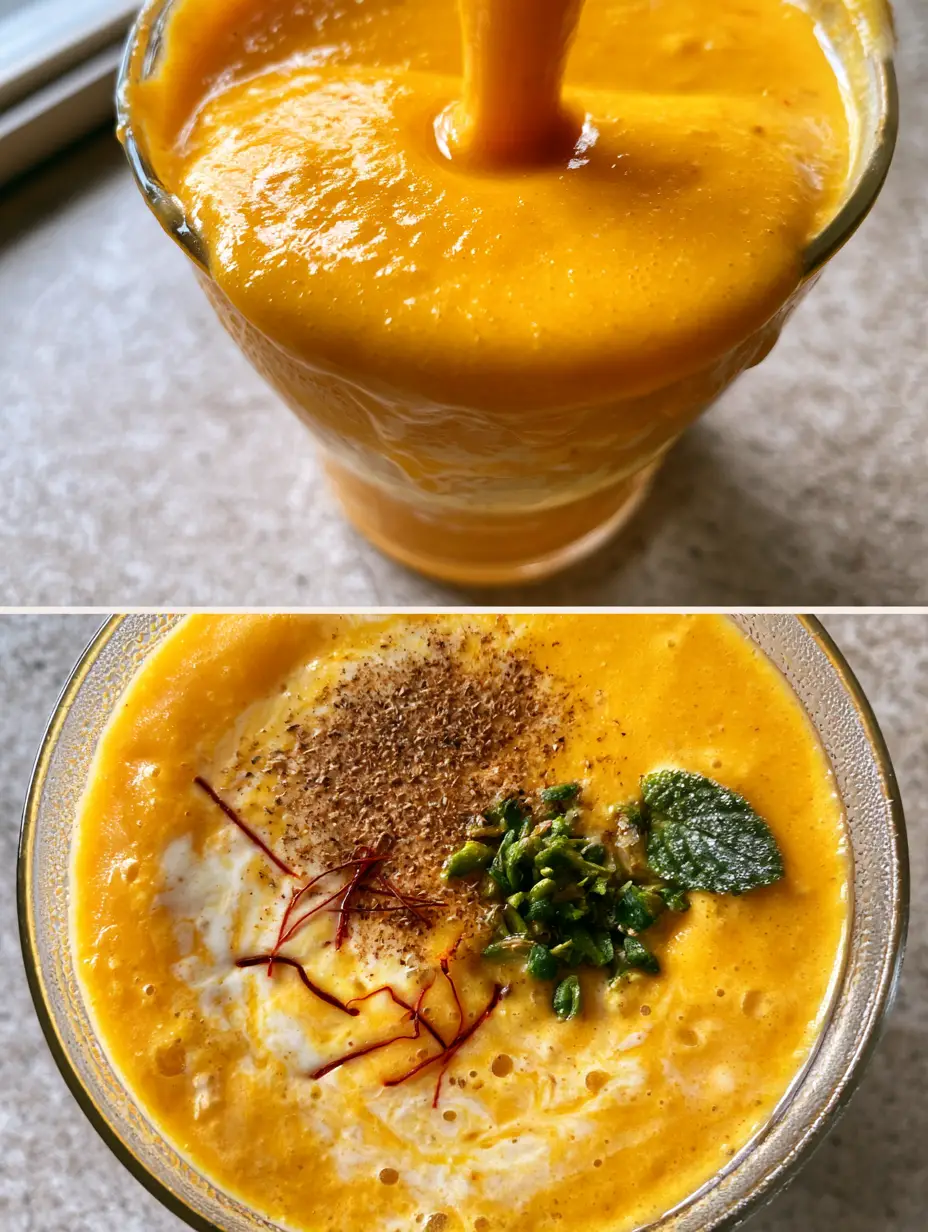 Extreme close-up of a viscous deep-orange mango lassi being poured into a glass showing velvety texture and ripples.