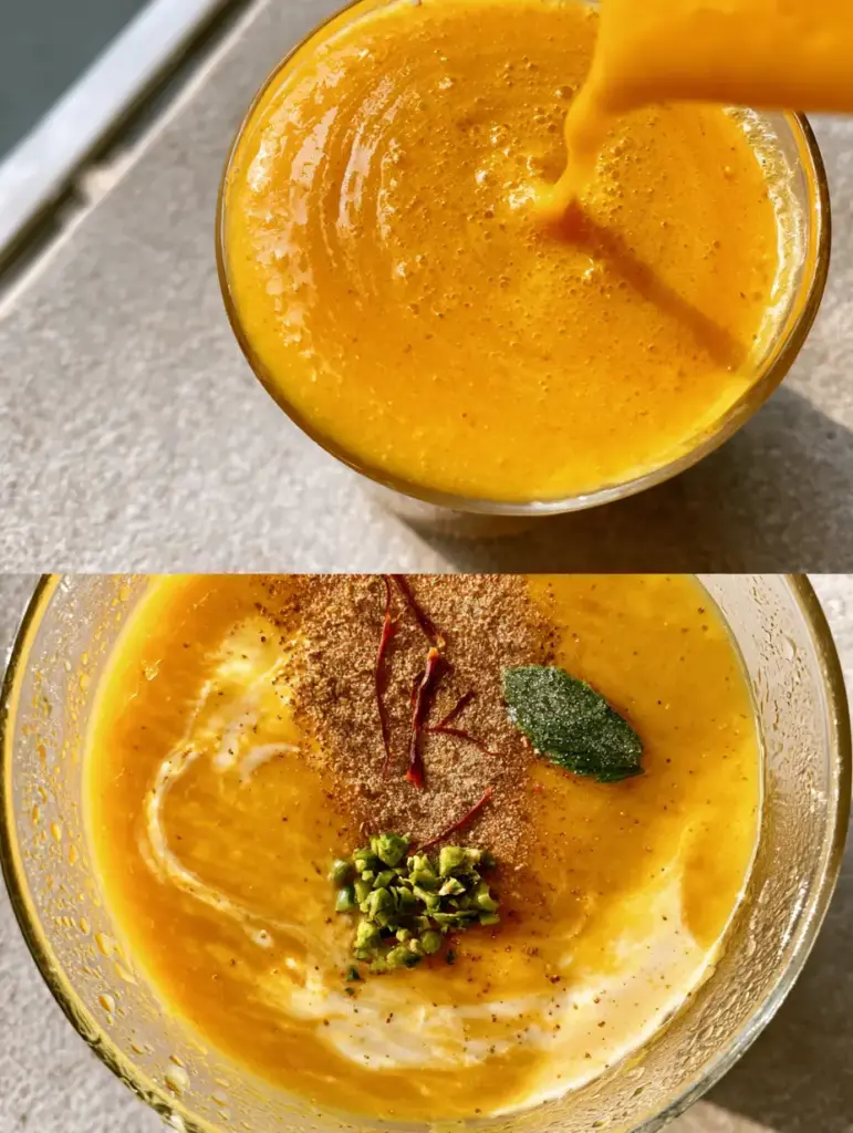 Top-down macro shot of mango lassi garnished with saffron, pistachios, mint, and cardamom powder.