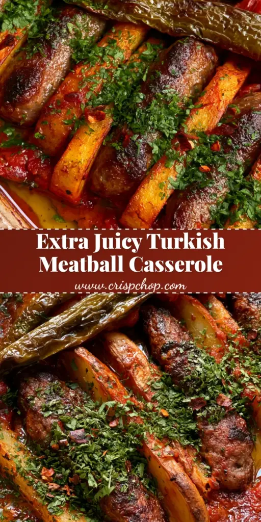 A rustic white ceramic dish filled with seared oblong beef Izmir Kofte and golden roasted potato wedges, garnished with blistered green peppers and parsley.