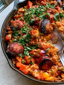 A seasoned black cast iron skillet filled with Cajun Sausage and Rice Skillet, featuring charred andouille sausage and bright peppers.