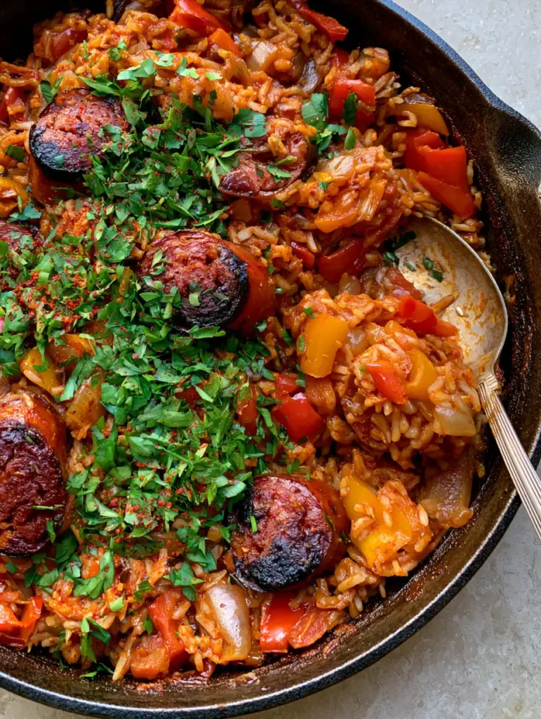 Close-up of the moist texture of Cajun Sausage and Rice Skillet with fresh parsley and cayenne pepper garnish.