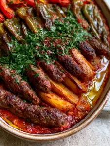 Top-down view of Izmir Kofte in a ceramic dish showing charred meatballs and vibrant red sauce with shimmering olive oil.