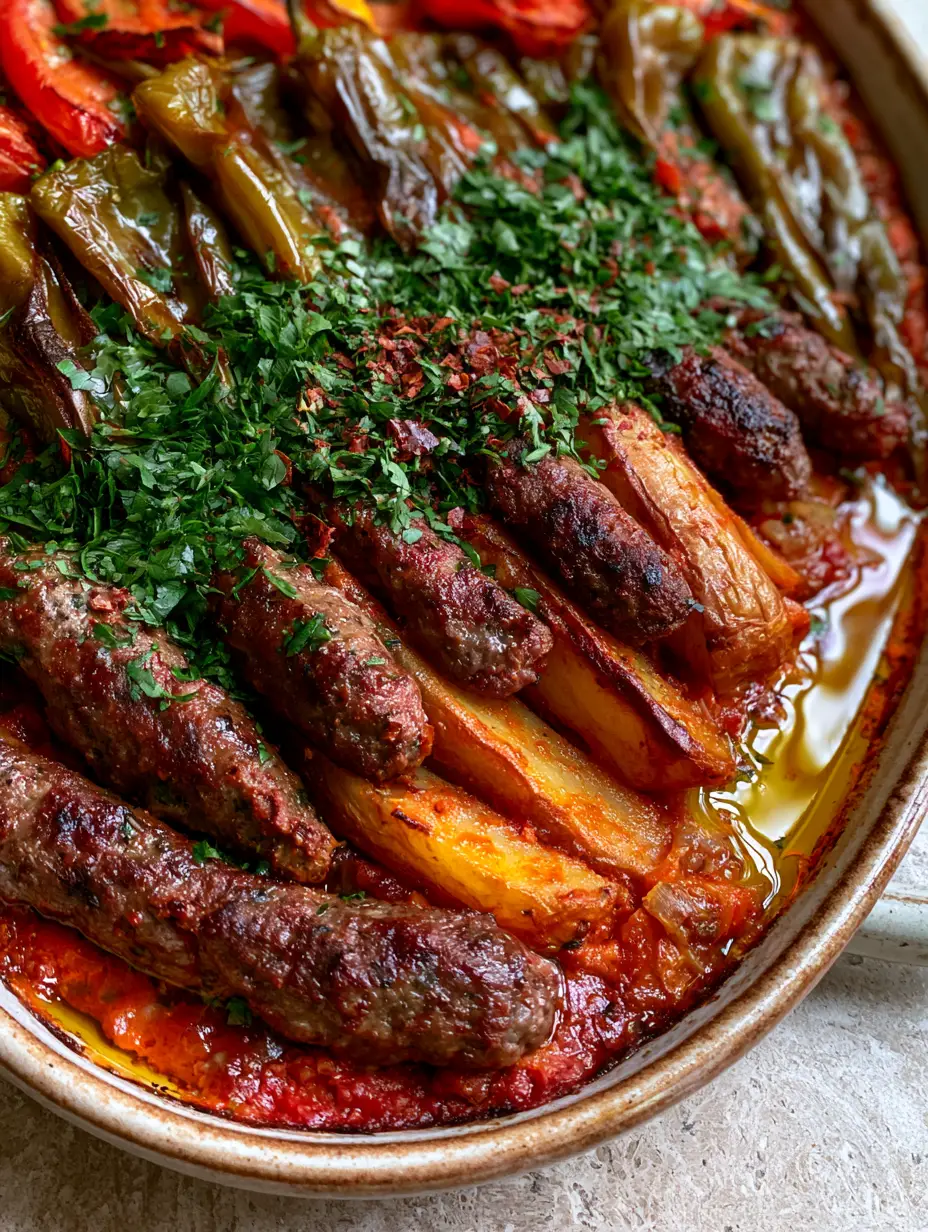Top-down view of Izmir Kofte in a ceramic dish showing charred meatballs and vibrant red sauce with shimmering olive oil.