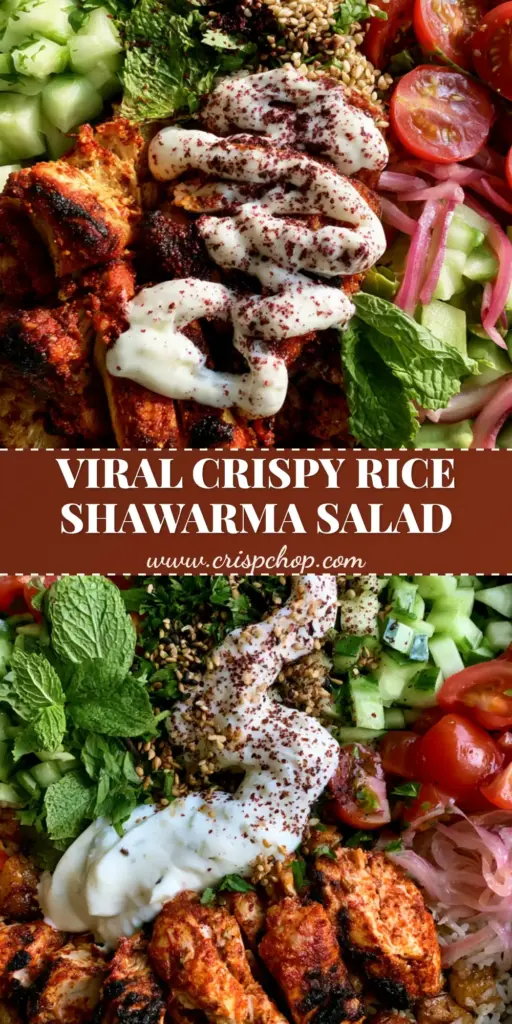 A top-down view of a Chicken shawarma crispy rice salad in a matte-grey bowl featuring golden rice cubes, charred chicken, and vibrant vegetables.