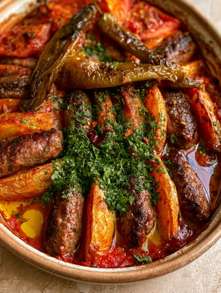 Close-up of Izmir Kofte featuring blistered long green peppers and softened tomato slices over juicy meatballs.