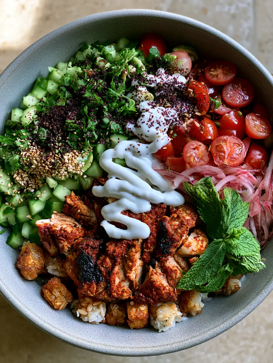 Close up of deep golden-brown jasmine rice cubes and charred chicken thighs in a Chicken shawarma crispy rice salad.