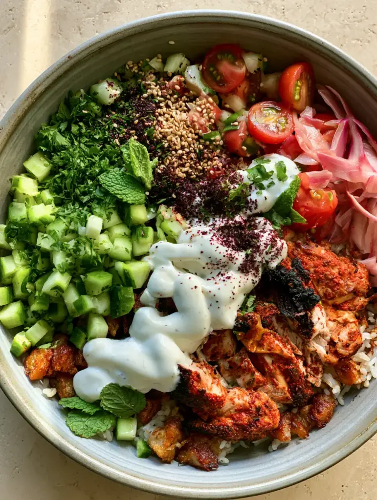 Sectors of diced cucumbers, cherry tomatoes, and pickled onions arranged in a Chicken shawarma crispy rice salad.