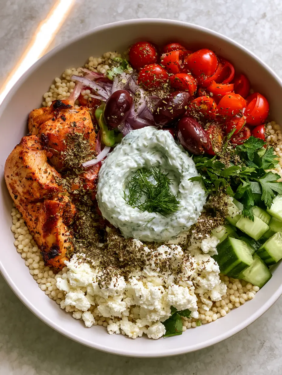 Handheld photo of a Greek bowl with golden-brown chicken and fluffy couscous in a white matte bowl. (Greek dishes)