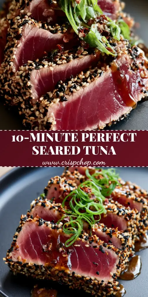 A close-up vertical shot of sliced pan-seared tuna steaks with a black and white sesame crust, ruby-red center, and glossy glaze on a matte black plate.