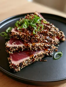 Side-angle macro shot showing the 2mm thick sesame crust and vibrant ruby-red rare center of pan-seared tuna steaks.