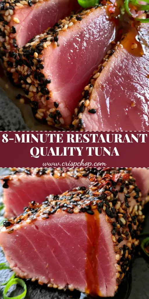 Sliced air fryer tuna steaks showing a rare pink center with a thick sesame crust on a dark plate.