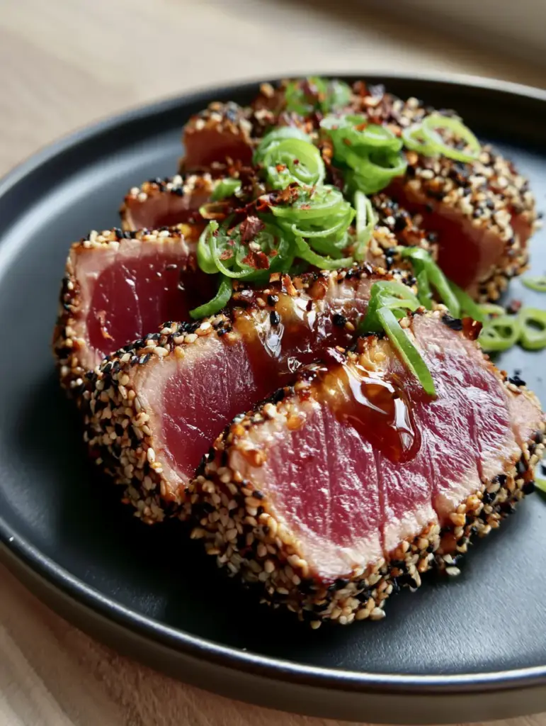Macro shot of glossy amber ginger-soy glaze drizzled over sesame-encrusted pan-seared tuna steaks with green scallions.