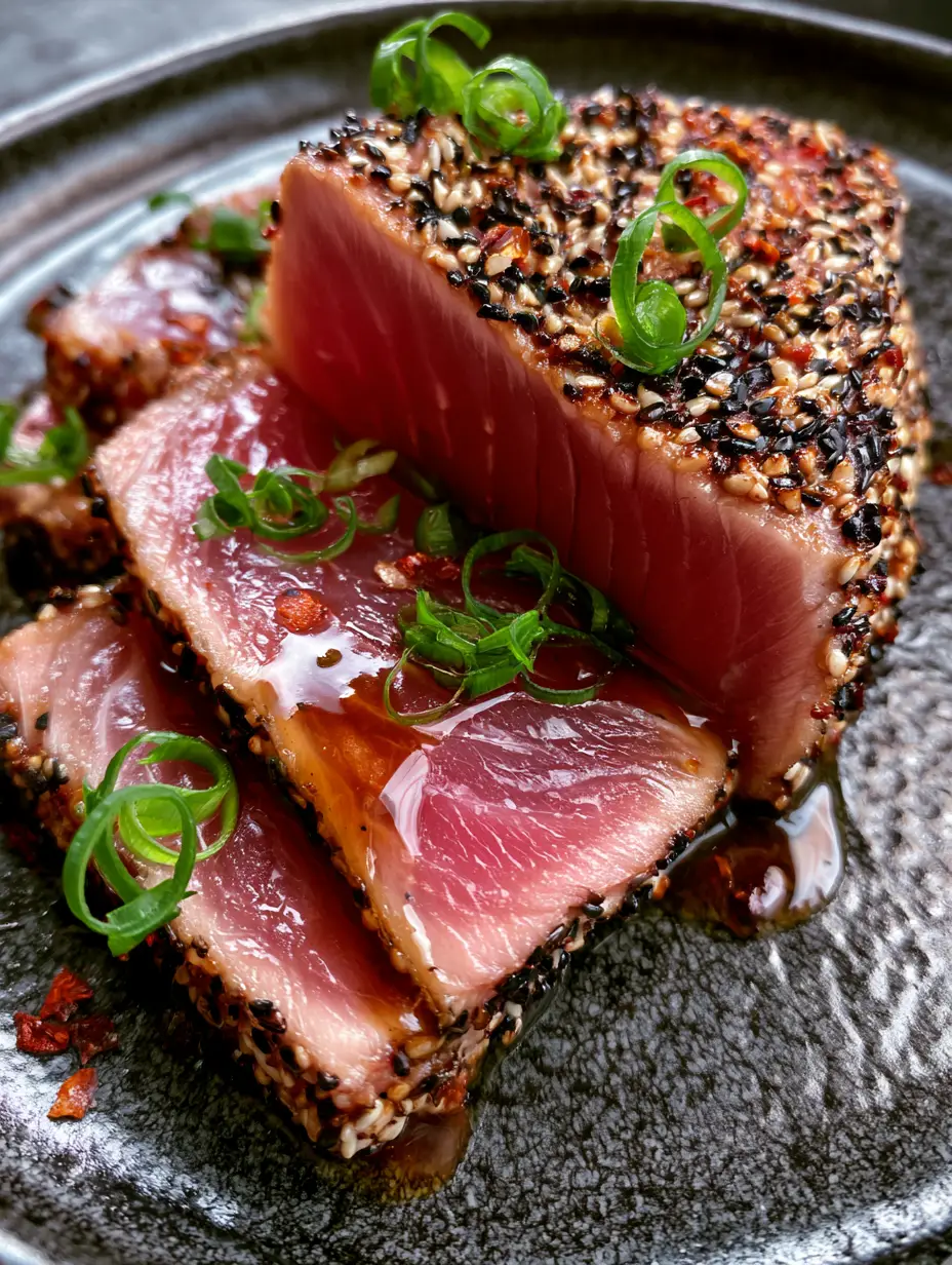 Macro close-up of air fryer tuna steaks with a glossy soy-ginger glaze and curled scallions.