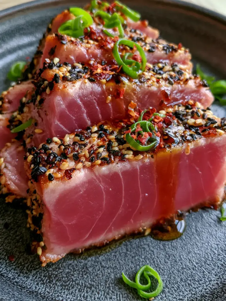 Thick cut air fryer tuna steaks sliced and garnished with chili flakes and ginger glaze.