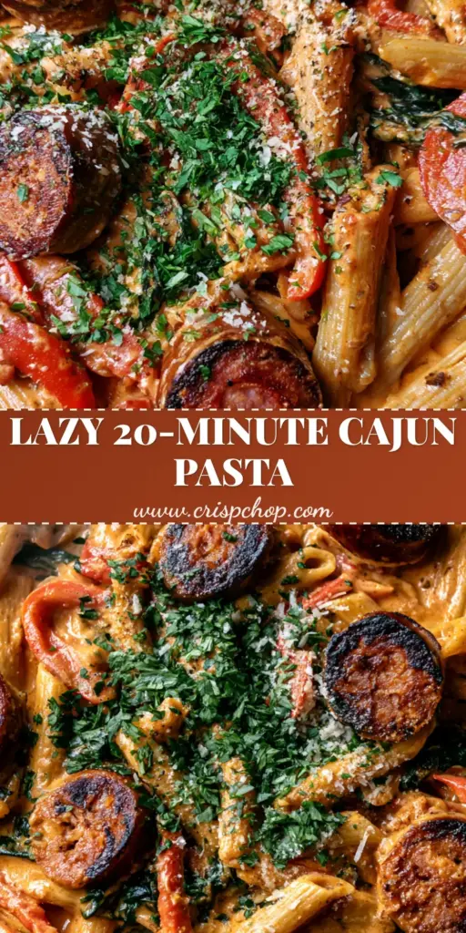 A close-up of Cajun Sausage Pasta in a cast iron skillet with charred andouille sausage and a thick orange sauce. (Cajun Sausage Pasta)