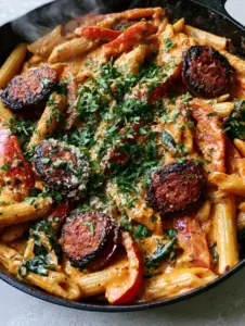 Top-down macro shot of creamy Cajun Sausage Pasta featuring penne, charred andouille slices, and wilted spinach in a cast iron pan. (Cajun Sausage Pasta)