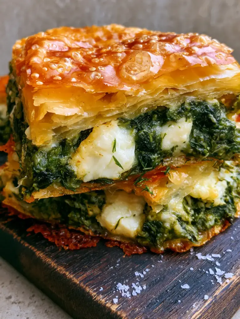 Spanakopita Recipe: The Ultimate Crispy Greek Spinach Pie with Feta 2 Extreme close-up of translucent phyllo shards and vibrant green spinach filling. (spanakopita recipe)