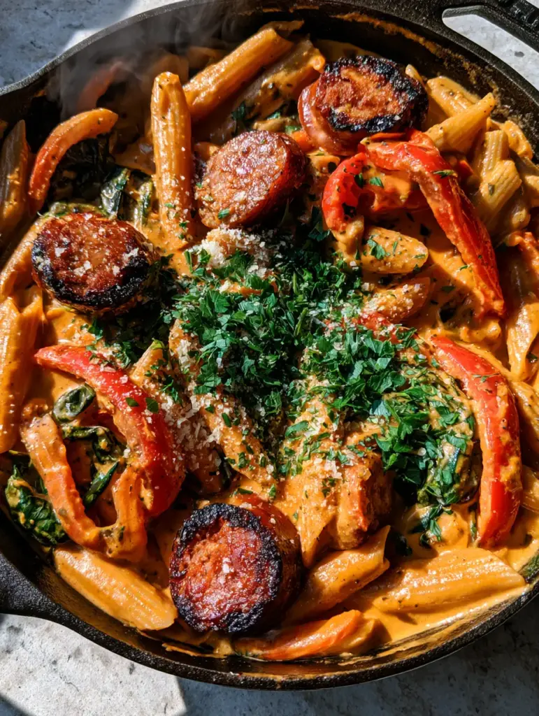 A steaming skillet of Cajun Sausage Pasta garnished with fresh parsley and parmesan cheese.