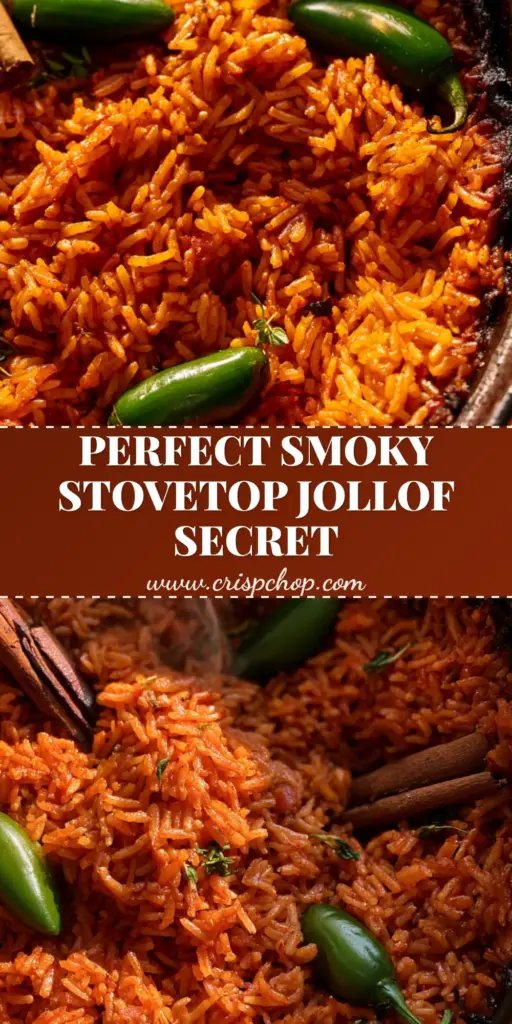 A close-up of Nigerian party jollof rice in a cast iron pot with green scotch bonnets, cinnamon sticks, and sides of fried chicken and plantains.