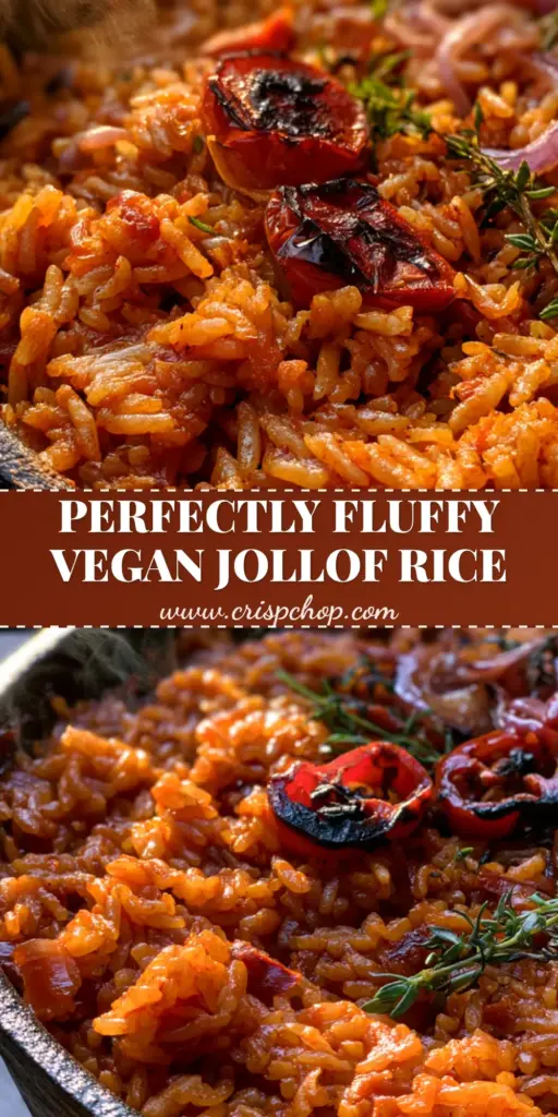A rustic black cast iron pot filled with steaming vegan jollof rice, garnished with charred scotch bonnets and sliced red onions.