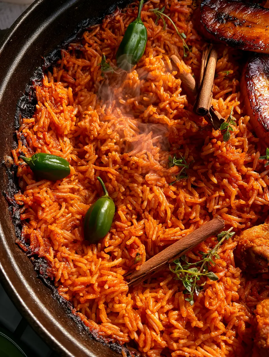 Detailed view of glistening long-grain Nigerian party jollof rice with rising steam and vibrant red pepper coating.