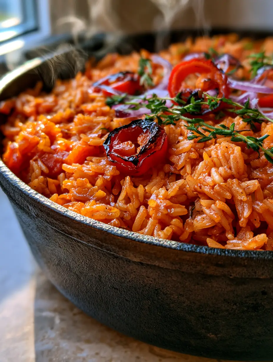 Extreme macro close-up of glistening grains of vegan jollof rice coated in a vibrant red sauce with visible steam.