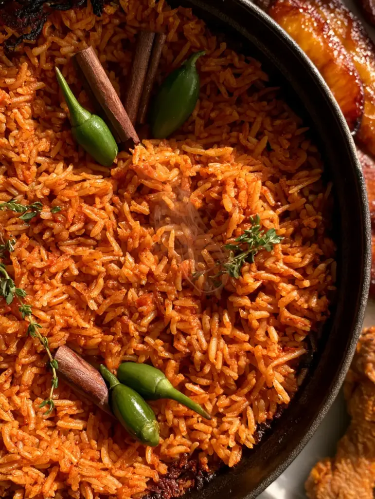 High-angle shot of Nigerian party jollof rice showing the charred bottom-pot rice and green scotch bonnet garnishes.
