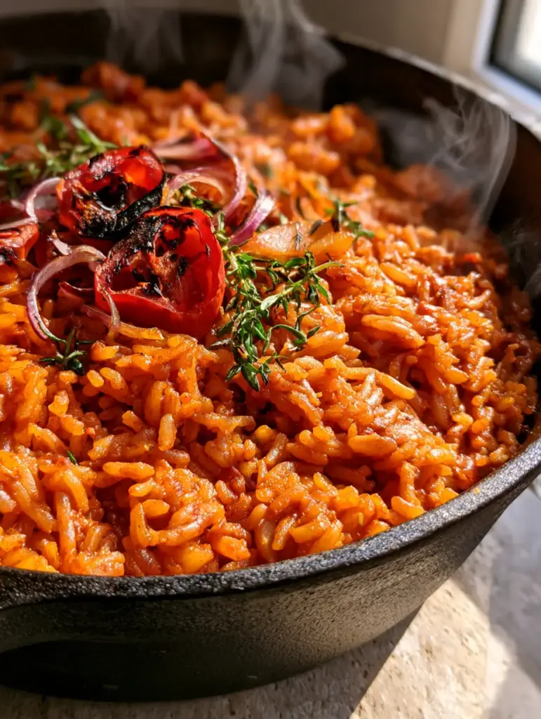 Top view of vegan jollof rice in a black pot with charred scotch bonnet peppers and fresh thyme sprigs.
